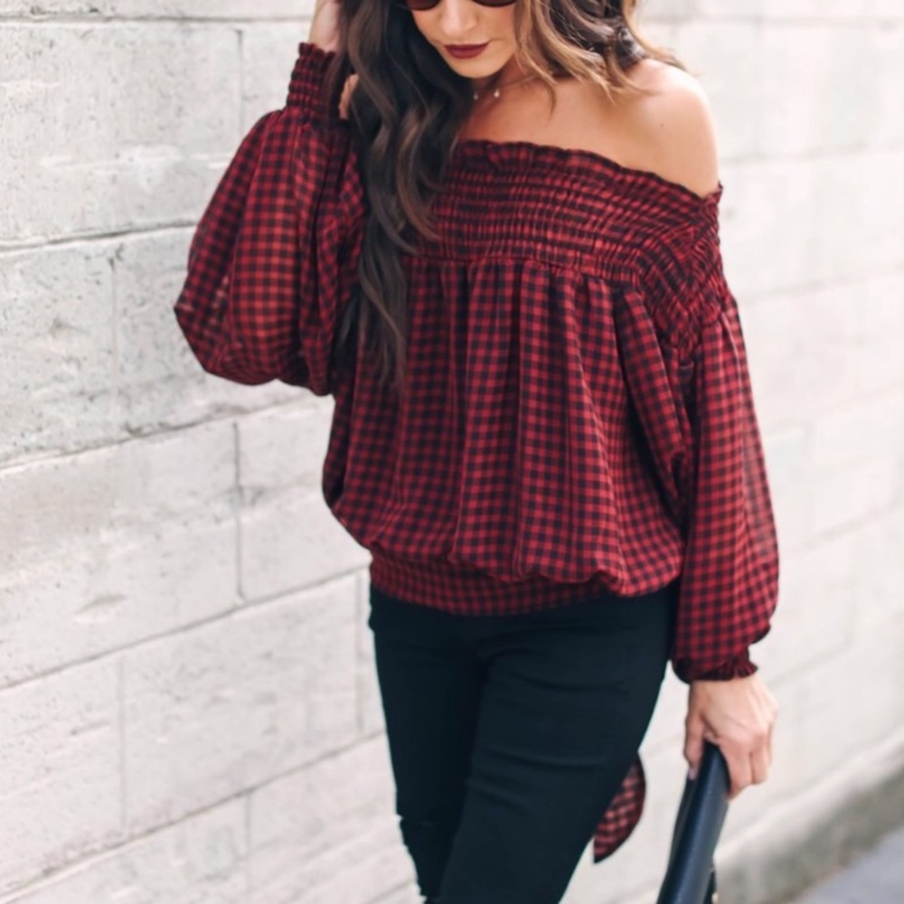 Off shoulder smocked gingham top by Vici